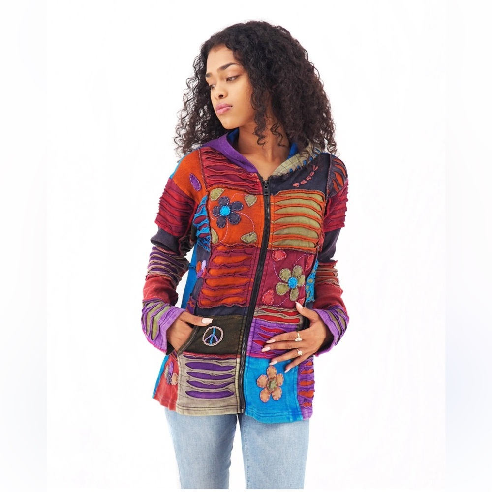 Rising International Purple and Teal Hooded Patch Zip Jacket 100% Cotton